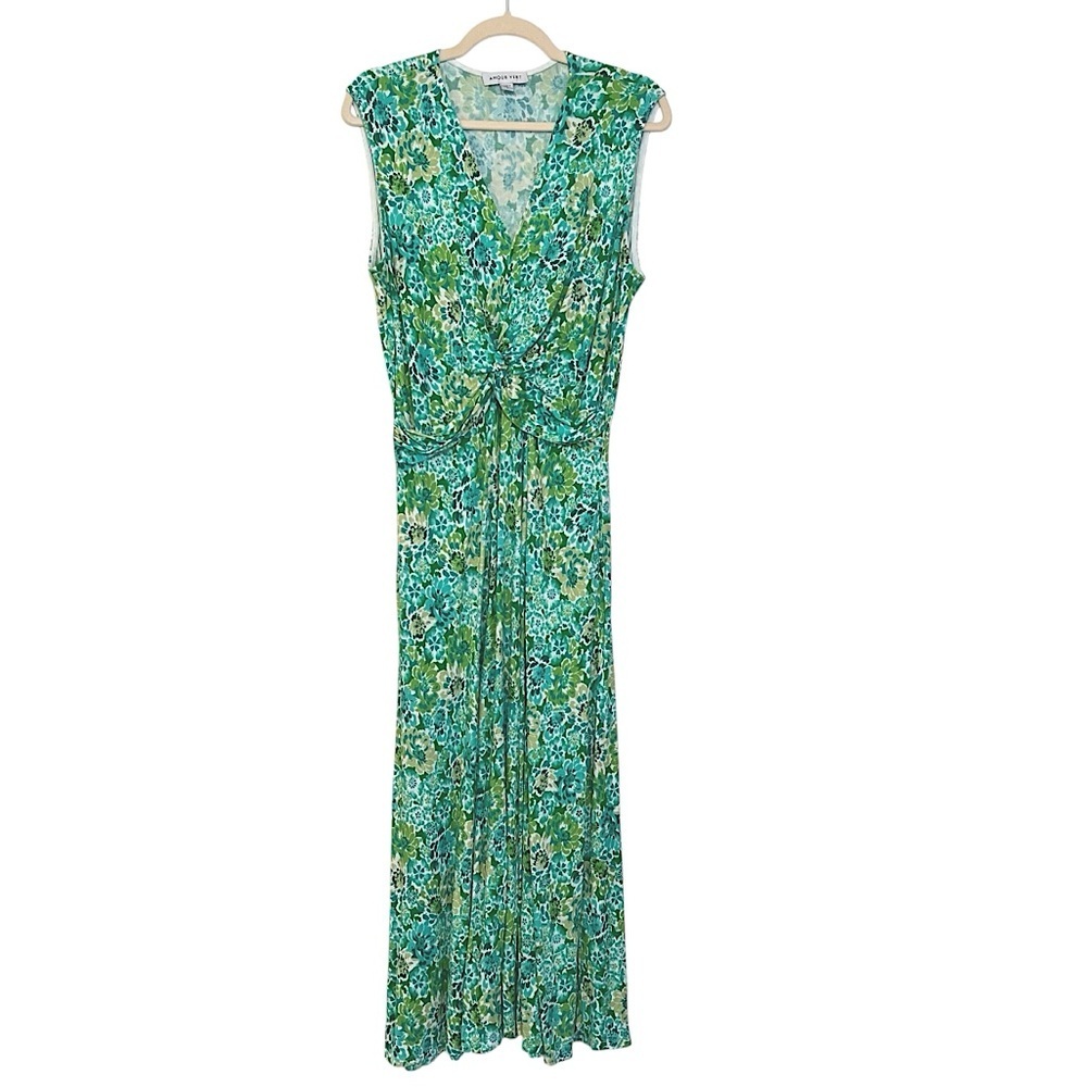 Amour Vert Olive Jersey Knit Midi Dress Green Naples Floral Large Beach Tropical